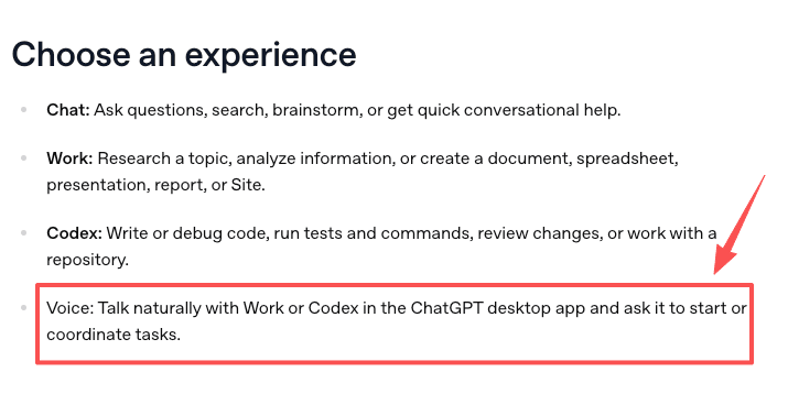 OpenAI's 'Choose an experience' screen, where Voice can start or coordinate tasks with Work or Codex in the desktop app