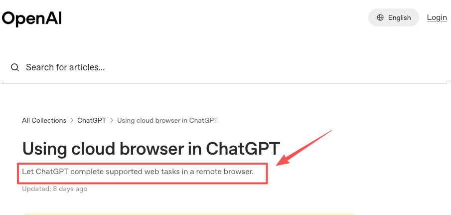 OpenAI's help article on using the cloud browser in ChatGPT to complete supported web tasks in a remote browser