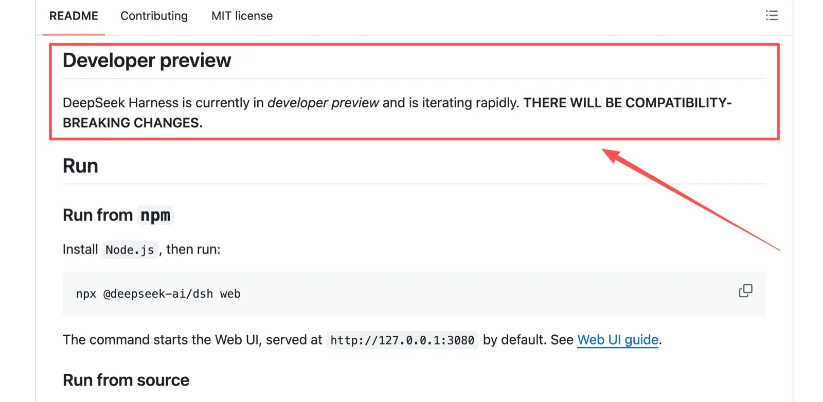 The DeepSeek Harness README developer preview section warning in bold capitals that there will be compatibility-breaking changes, above the npm quick-start command