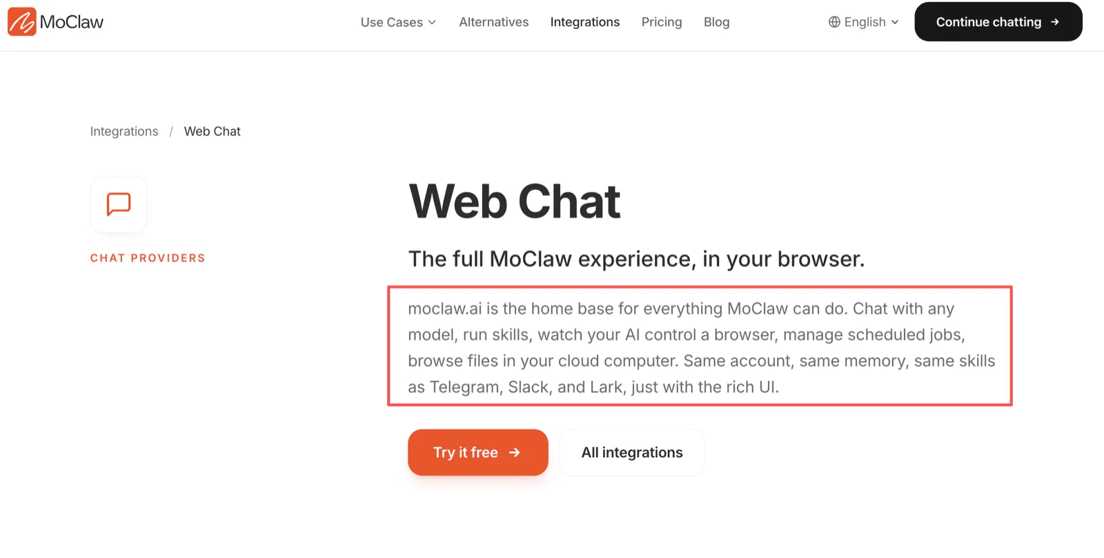 Zentor (formerly MoClaw) Web Chat integration page describing chatting with any model, running skills, watching the AI control a browser, managing scheduled jobs, and browsing files in the cloud computer
