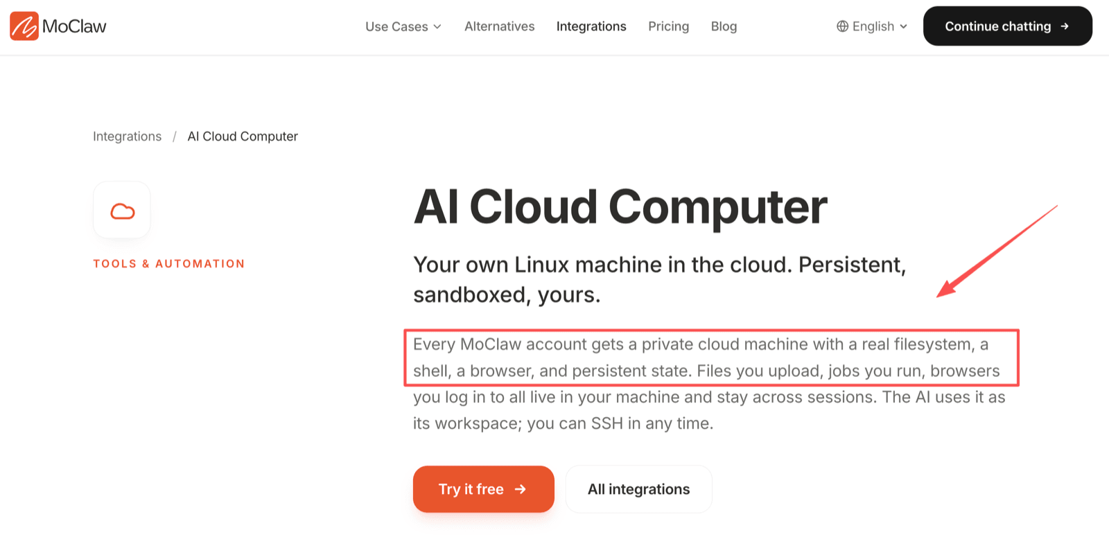 Zentor (formerly MoClaw) AI Cloud Computer page: every account gets a private cloud machine with a real filesystem, a shell, a browser, and persistent state across sessions