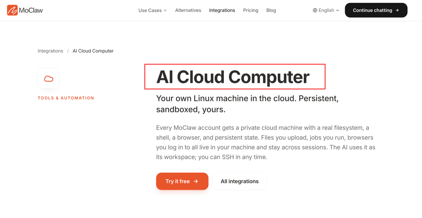 Zentor (formerly MoClaw) AI Cloud Computer page: a private Linux machine per account with a real filesystem, shell, browser, and persistent state