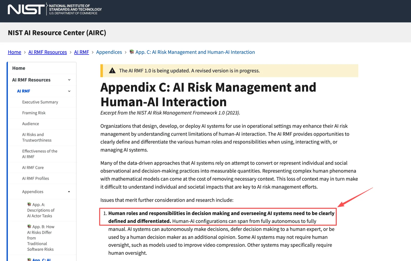 NIST AI Resource Center appendix on AI risk management and human-AI interaction, highlighting the requirement that decision and oversight roles be clearly defined and differentiated