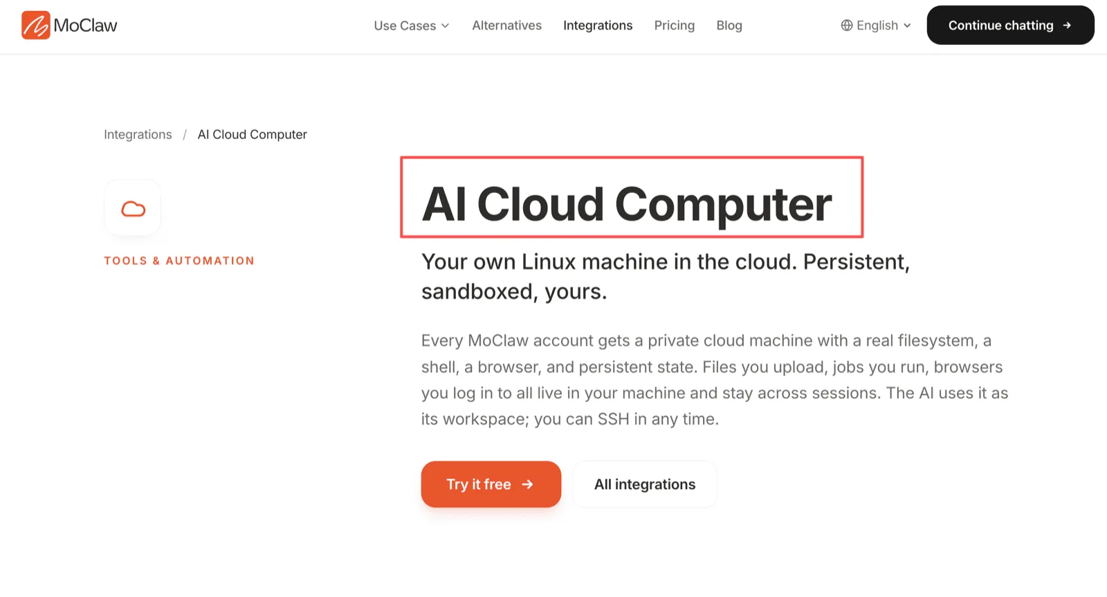 Zentor (formerly MoClaw) AI Cloud Computer page describing a private Linux machine with a real filesystem, shell, browser, and state that persists across sessions