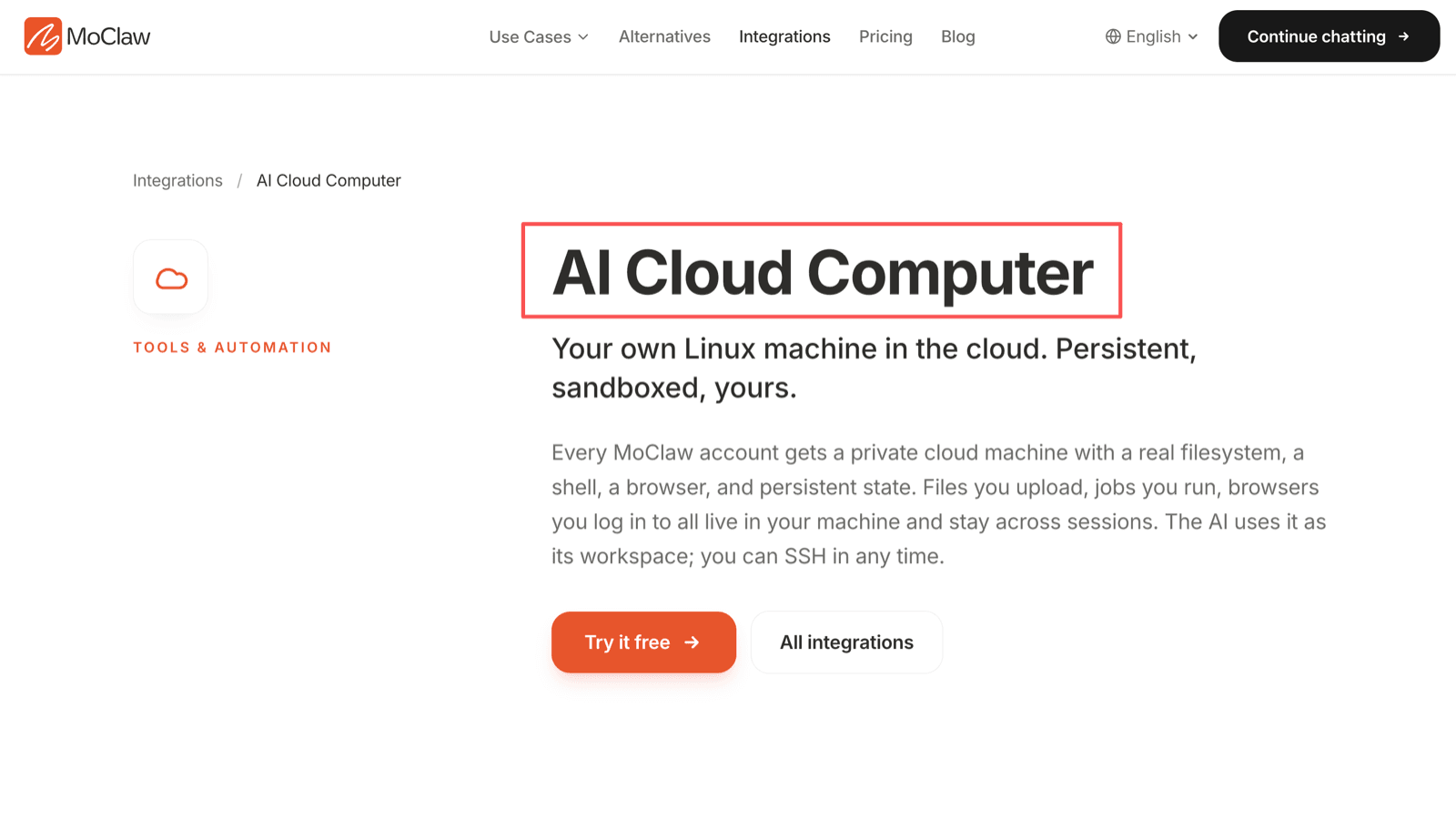 Zentor (formerly MoClaw) AI Cloud Computer page describing a persistent, sandboxed Linux machine per account with a real filesystem, shell, and browser