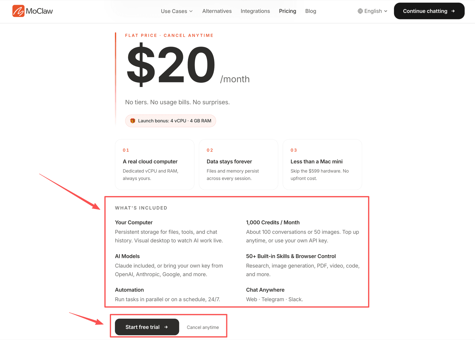 Zentor (formerly MoClaw) pricing page showing $20/month flat price with 1,000 credits per month, a persistent cloud computer, 50+ built-in skills and browser control, automation, and chat via Web, Telegram, and Slack