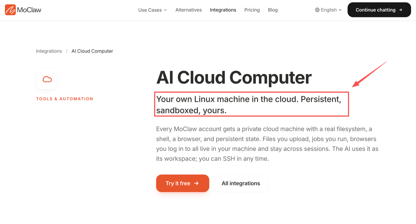 Zentor (formerly MoClaw) AI Cloud Computer page describing a private Linux machine per account, persistent and sandboxed, where files, jobs, and logged-in browsers stay across sessions
