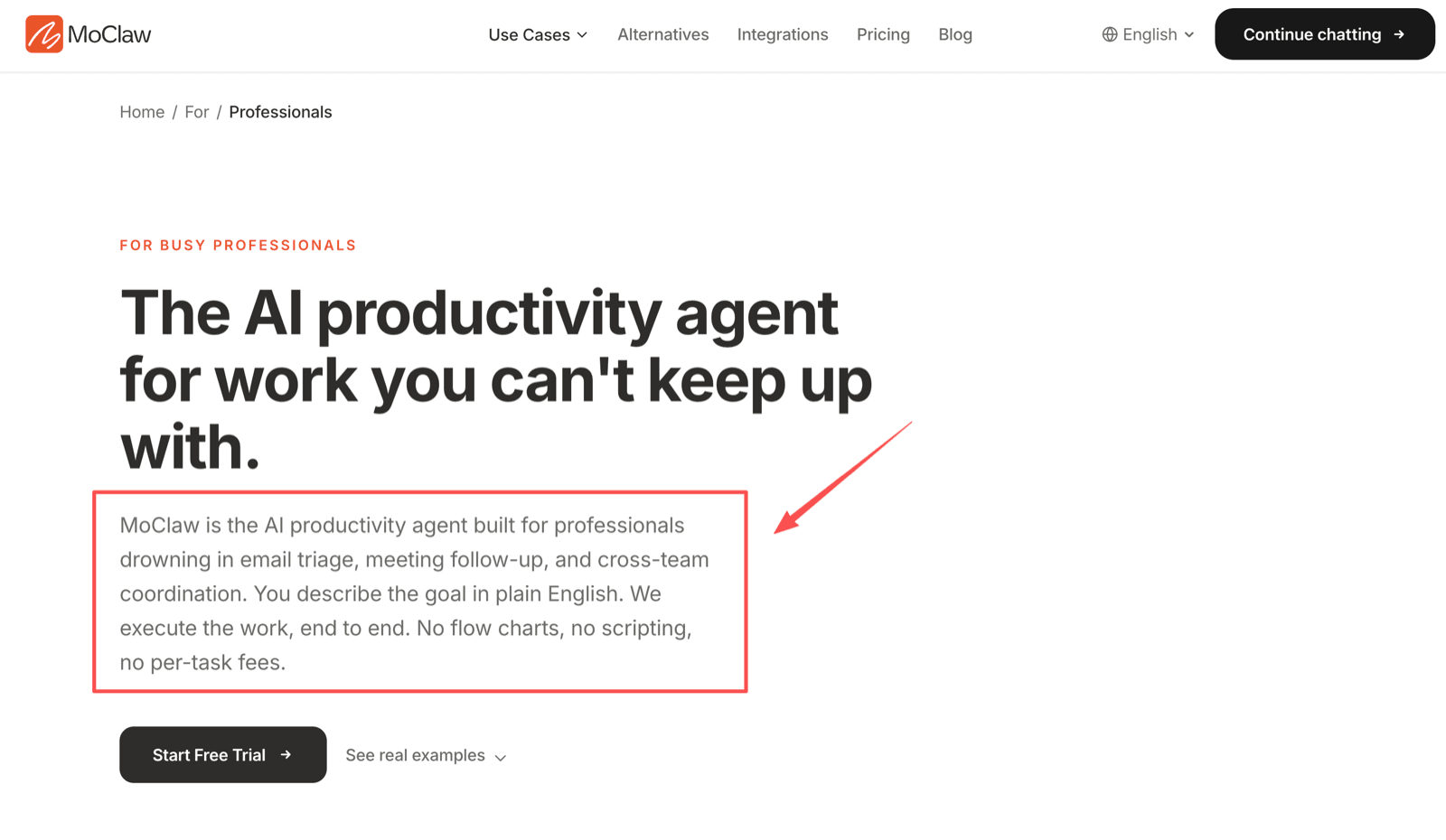 Zentor (formerly MoClaw) page for professionals, positioning it as an AI productivity agent for people buried in email triage, meeting follow-ups, and cross-team coordination