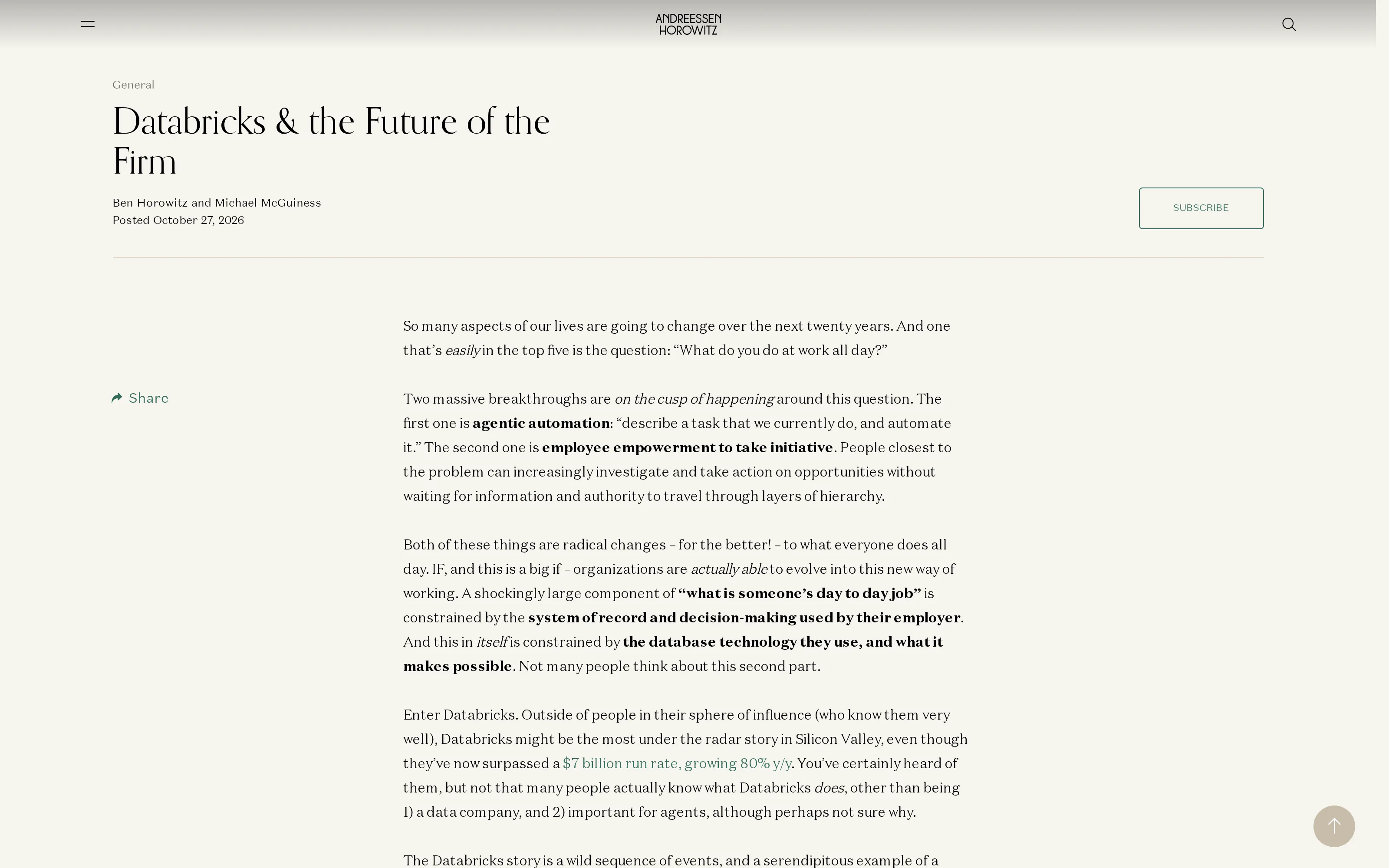 The public a16z article, Databricks & the Future of the Firm, dated October 27, 2026, which sets out Ghodsi's context thesis.