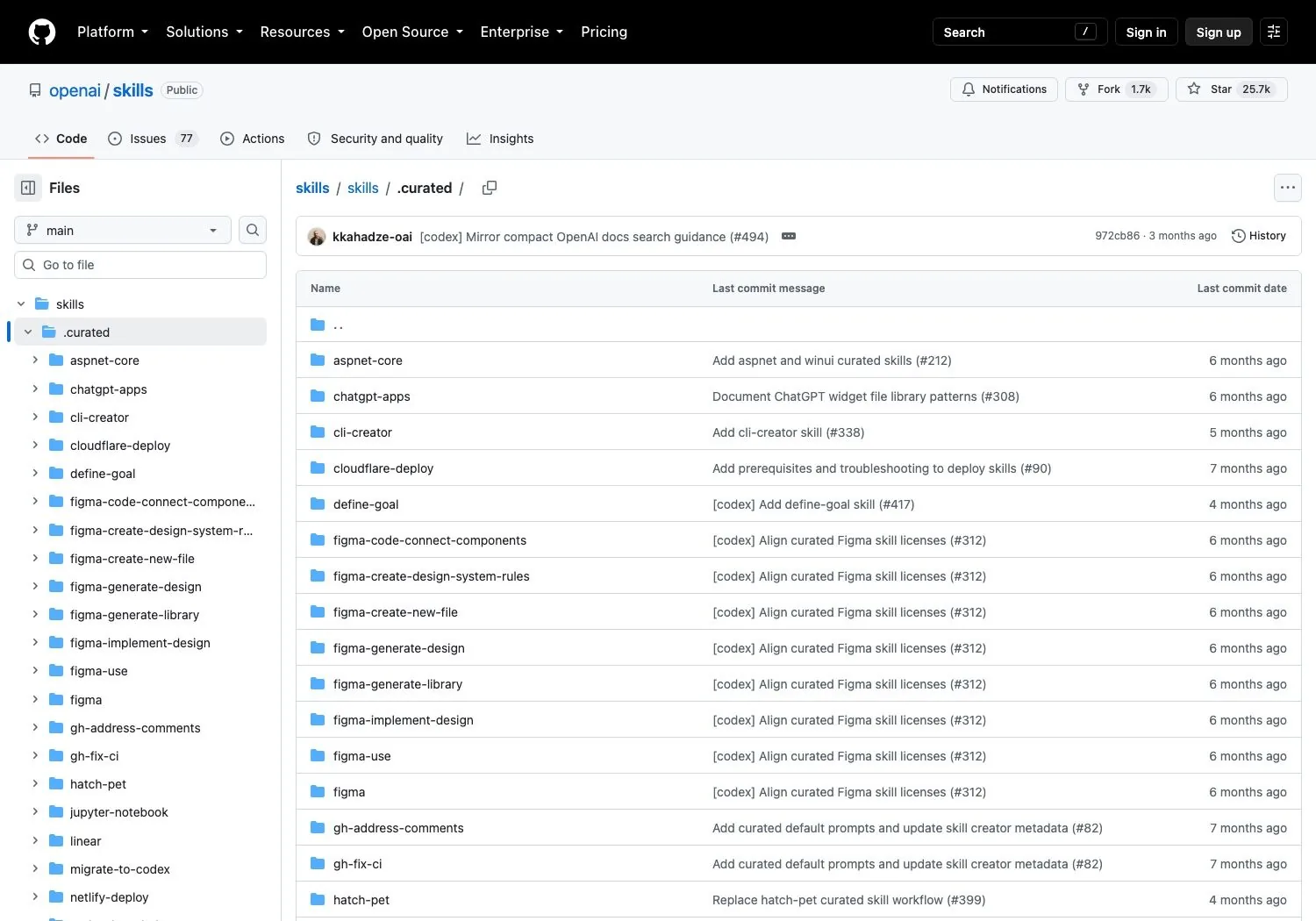 The .curated directory still lists all 39 skills. Most last changed six or seven months ago; the newest commits are four months old.