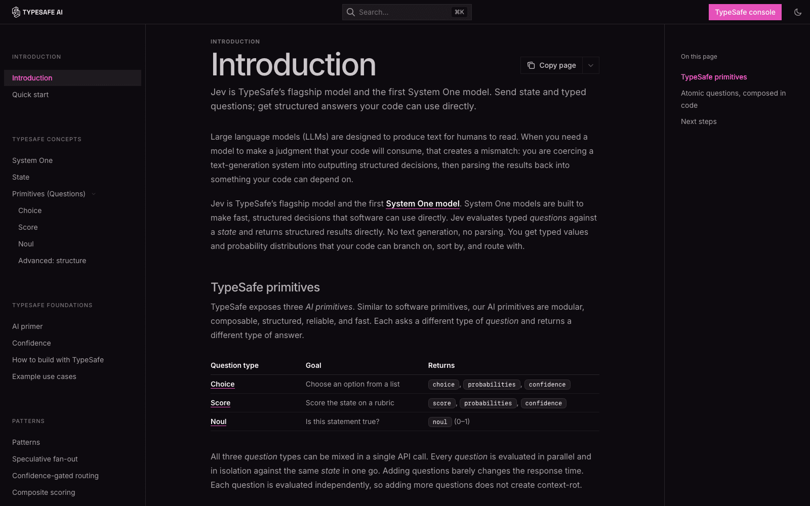 The TypeSafe docs define Jev as a System One model and list its three question primitives: choice, score and noul, with the fields each returns. Captured 18 September 2026.