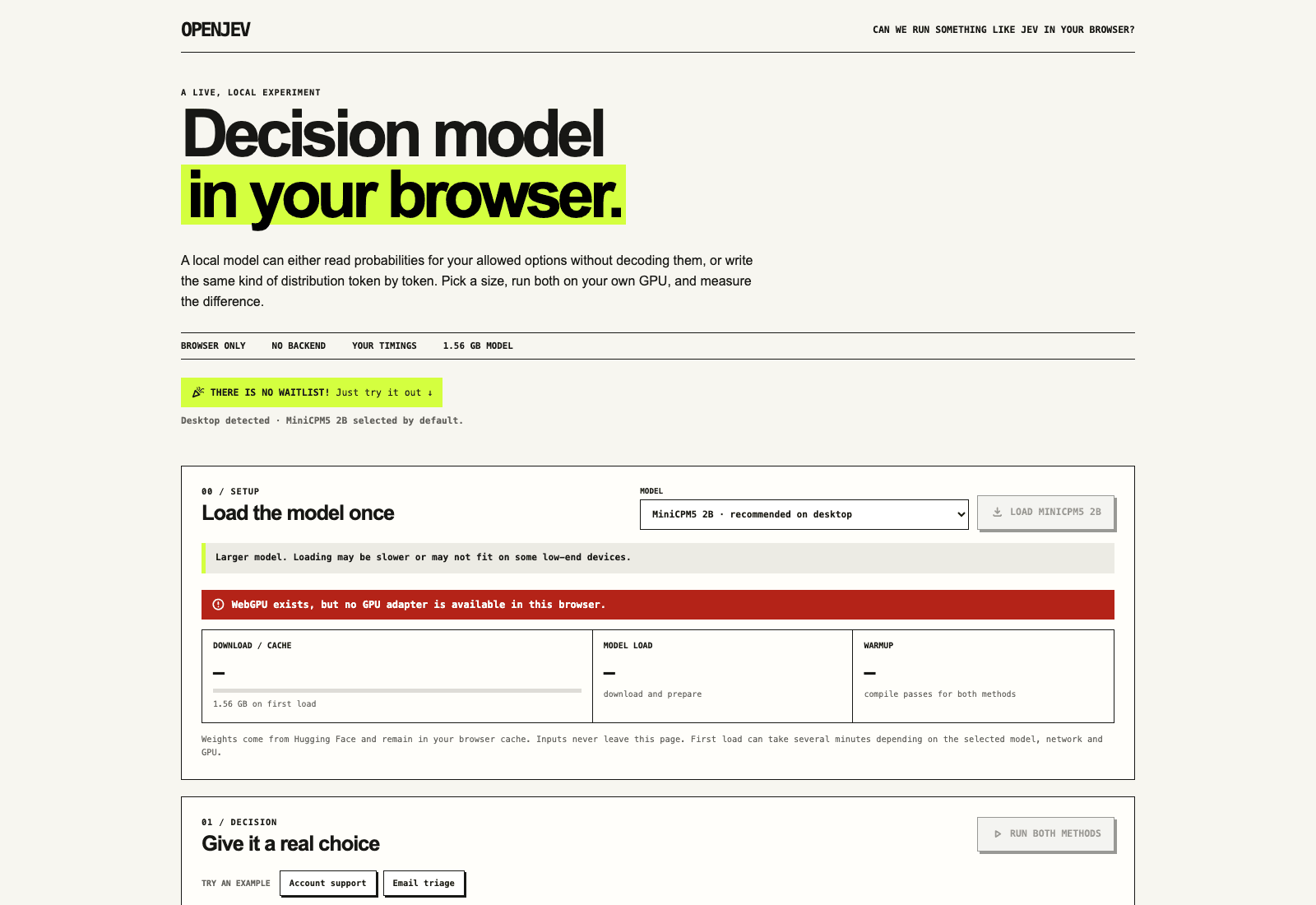 openjev.com preselects MiniCPM5 2B on desktop and Qwen3 0.6B on phones; the banner underneath is a dig at how AI decision products usually launch. Weights download from Hugging Face into the browser cache.