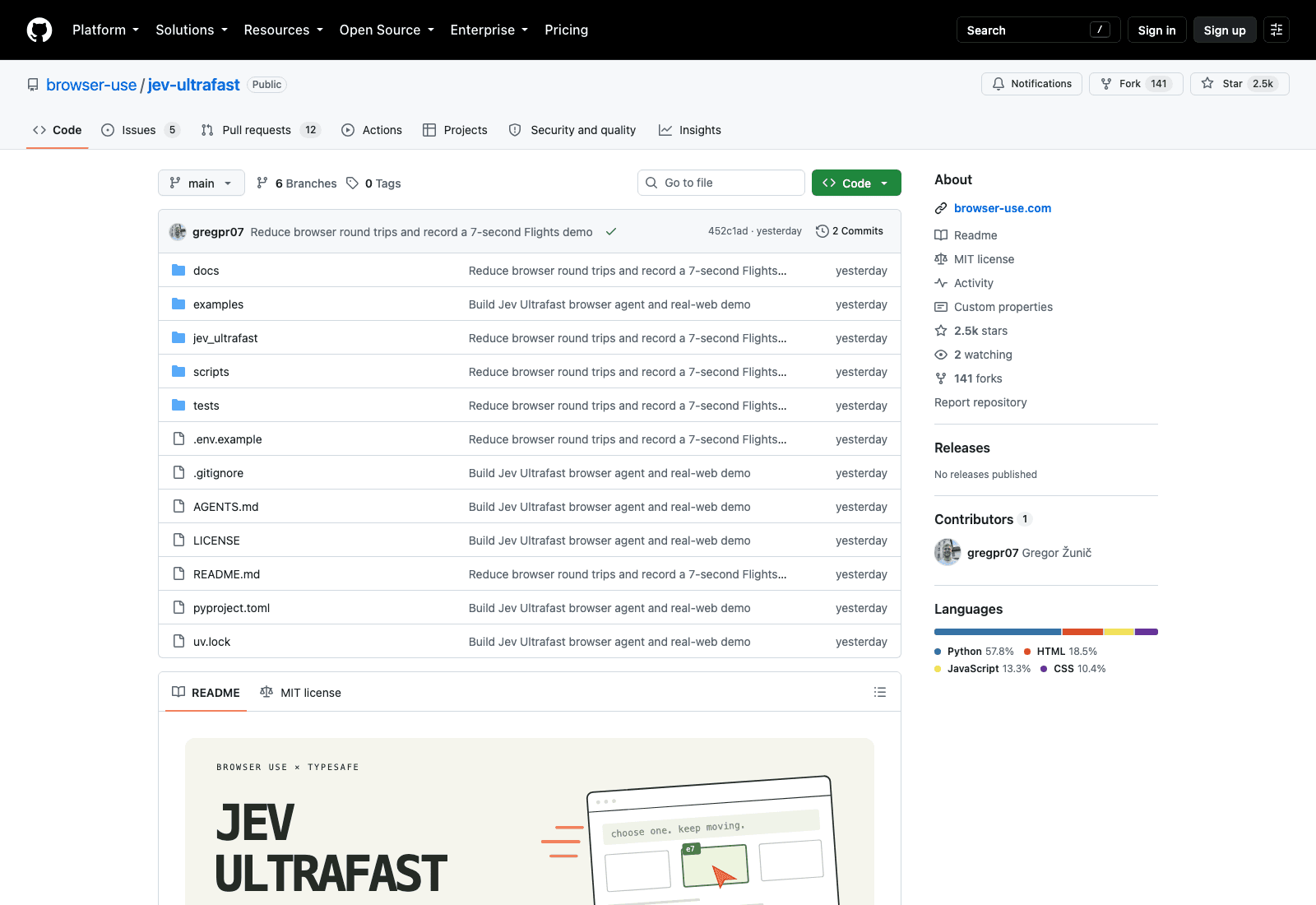 The jev-ultrafast repository on 18 September 2026, two days after its first commit, showing the MIT license and the Python source tree.