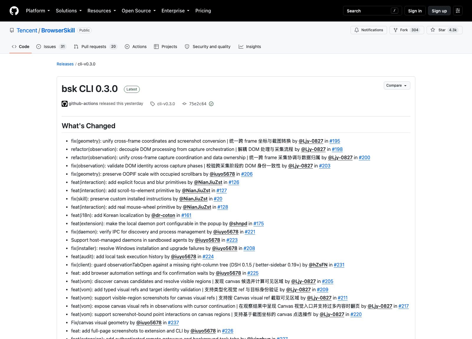 The cli-v0.3.0 changelog, tagged 17 September 2026: cross-frame geometry, DOM identity validation, and new focus, scroll-to-element and real mouse-wheel primitives.