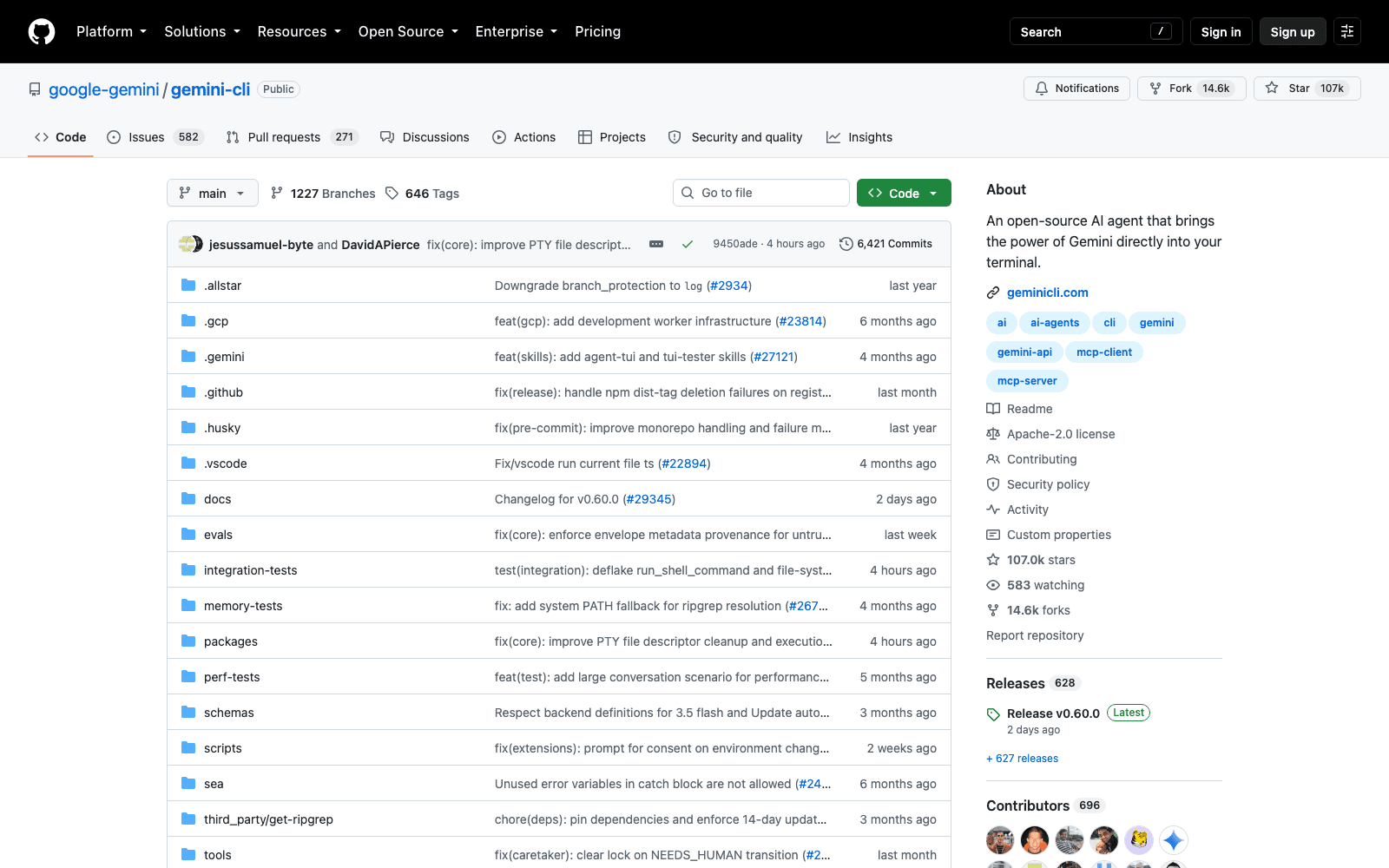 The google-gemini/gemini-cli repository on 18 September 2026: not archived, commits landing hours earlier, v0.60.0 marked as the latest release