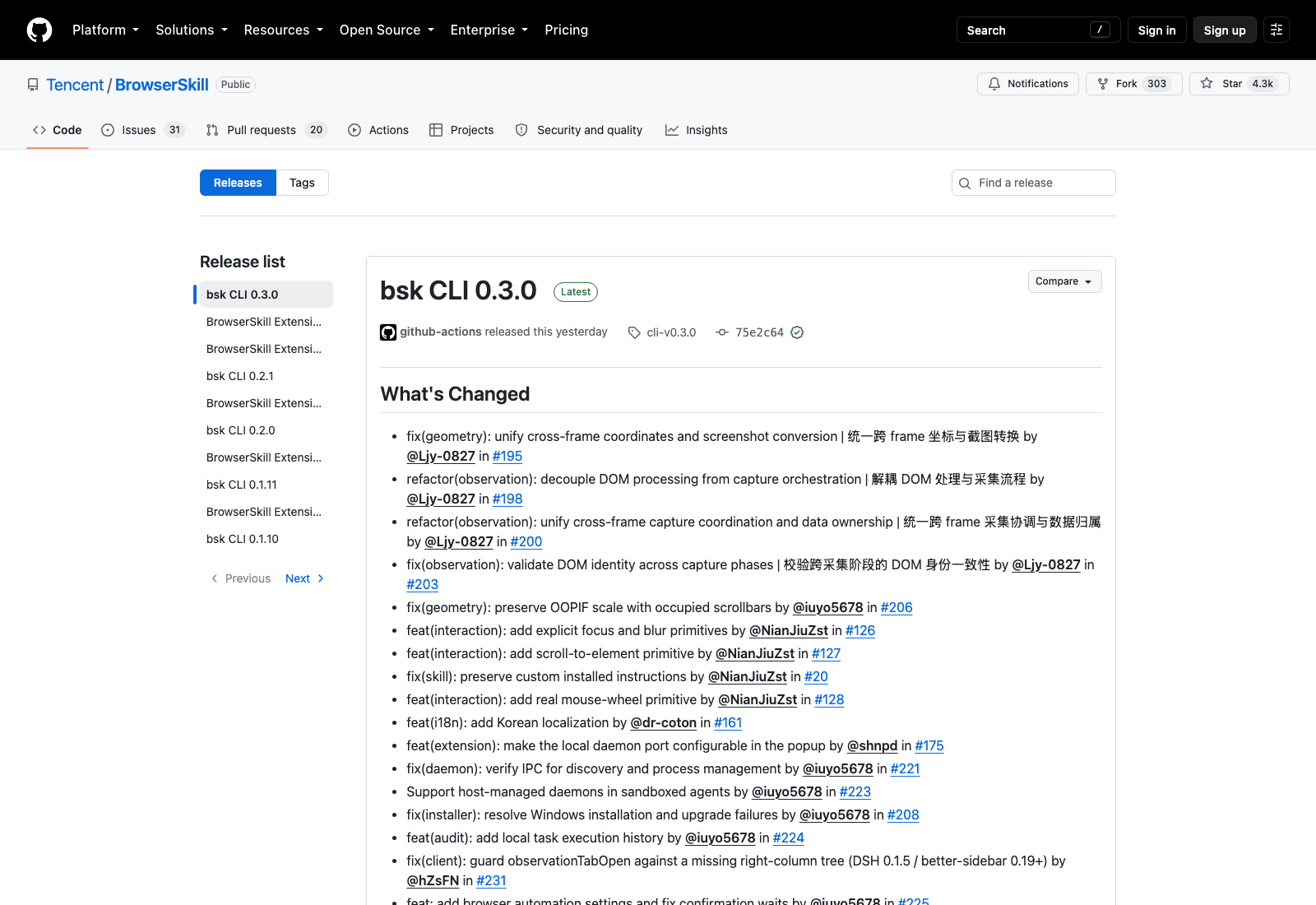 BrowserSkill's release feed on 18 September 2026. The CLI and the extension version independently, and both tagged 0.3.0 within a day of each other.