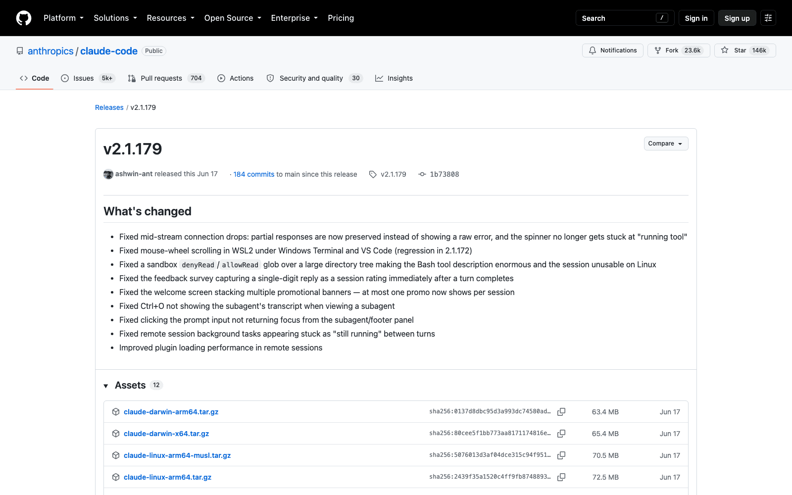 Claude Code v2.1.179, released 17 June 2026: the release that closed Plugin4Shell carries no security note anywhere in its changelog