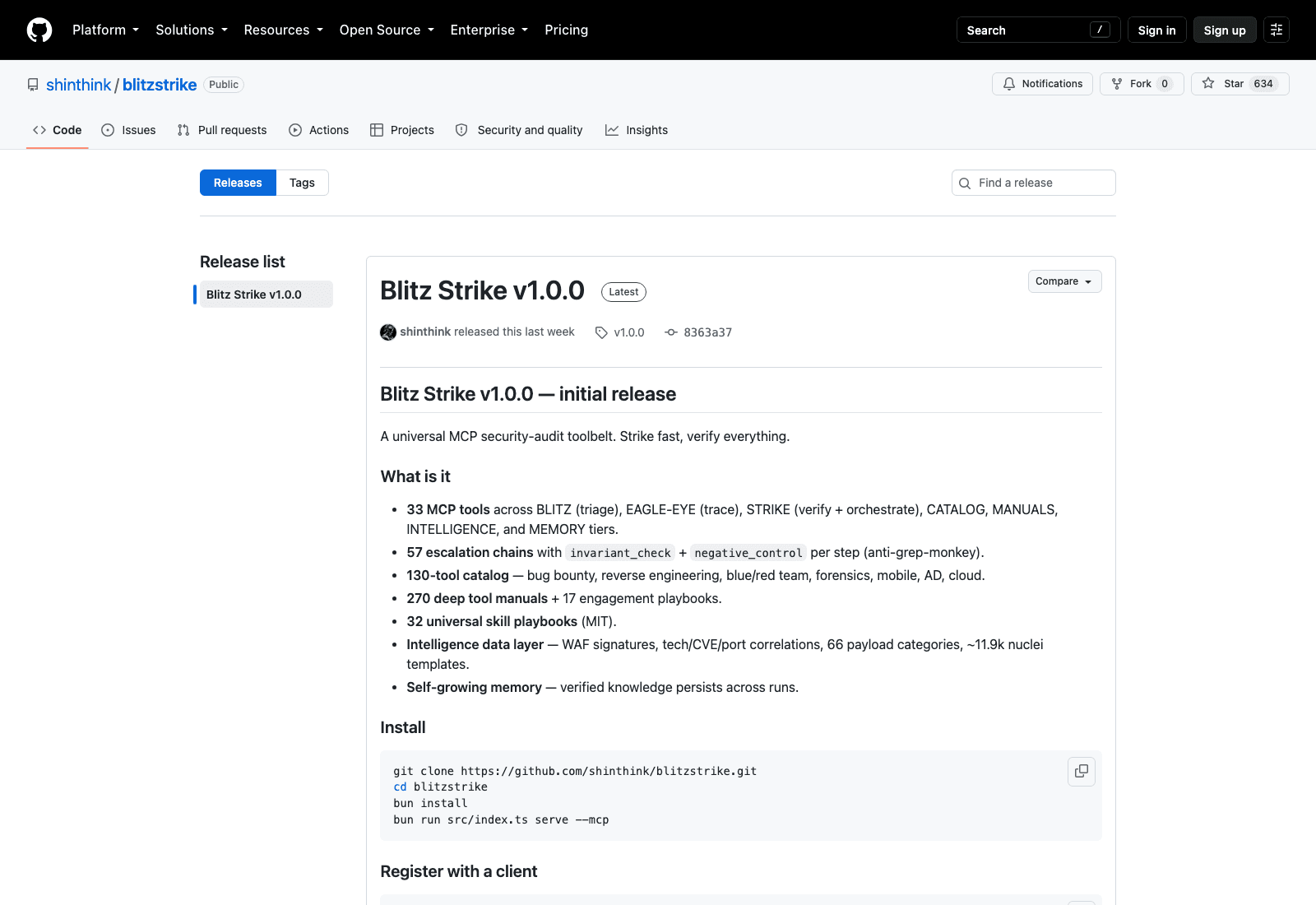 The v1.0.0 notes, tagged 12 September 2026 on the repository's first day: 33 MCP tools, 57 chains each carrying an invariant check and a negative control, and a 130-entry tool catalogue.