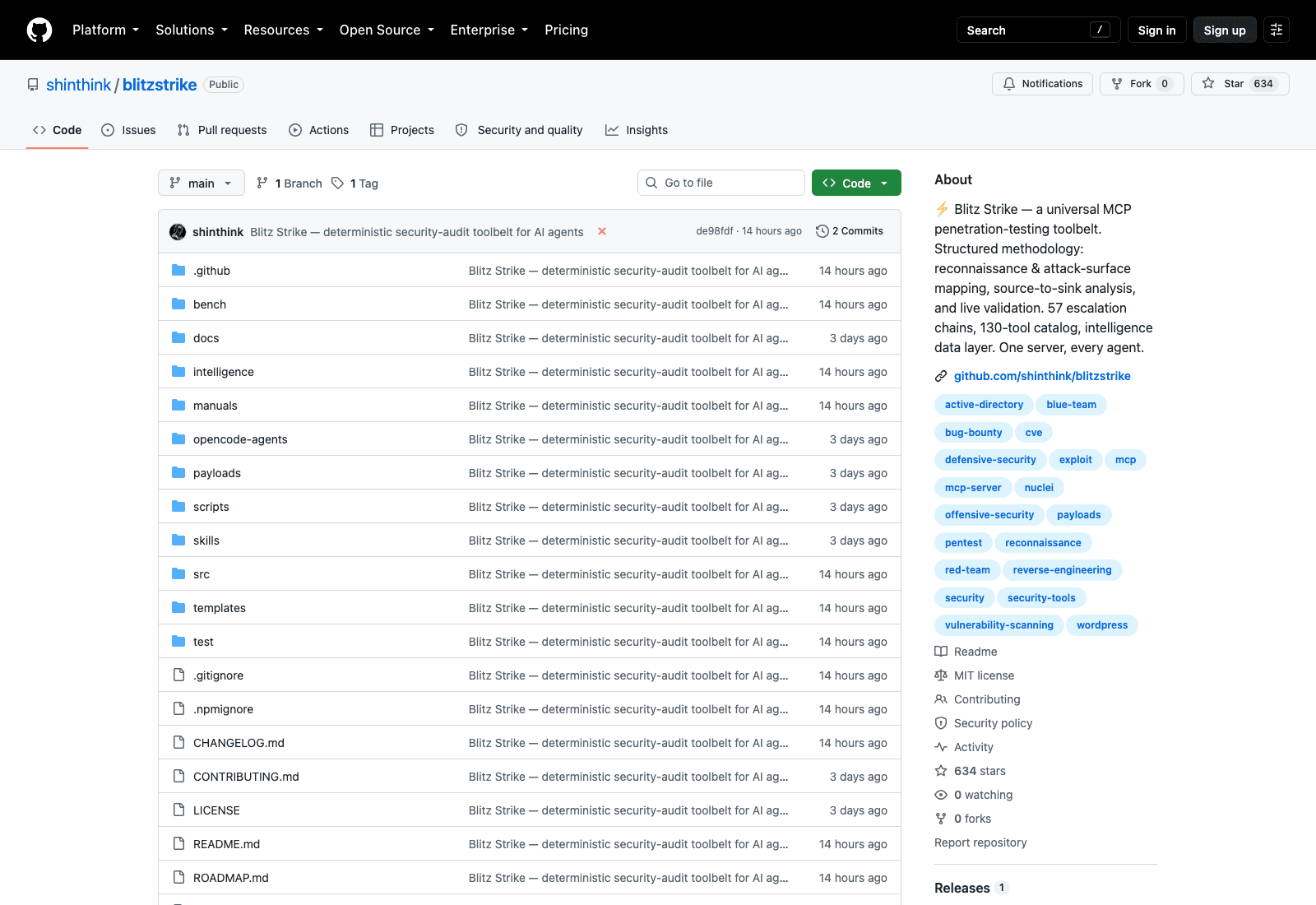 The BlitzStrike repository on 18 September 2026: 634 stars, 0 forks, one tag, and the GitHub topics carrying red-team and blue-team side by side.
