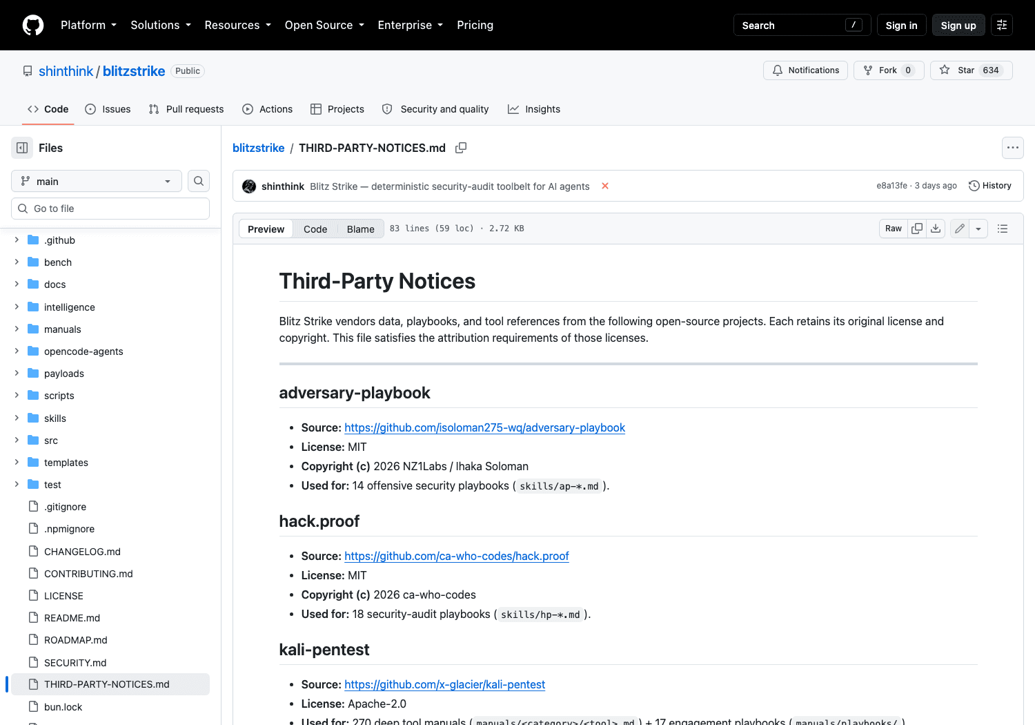 The project's third-party notices credit kali-pentest, adversary-playbook and hack.proof by license, copyright and what each supplies. Captured 18 September 2026.
