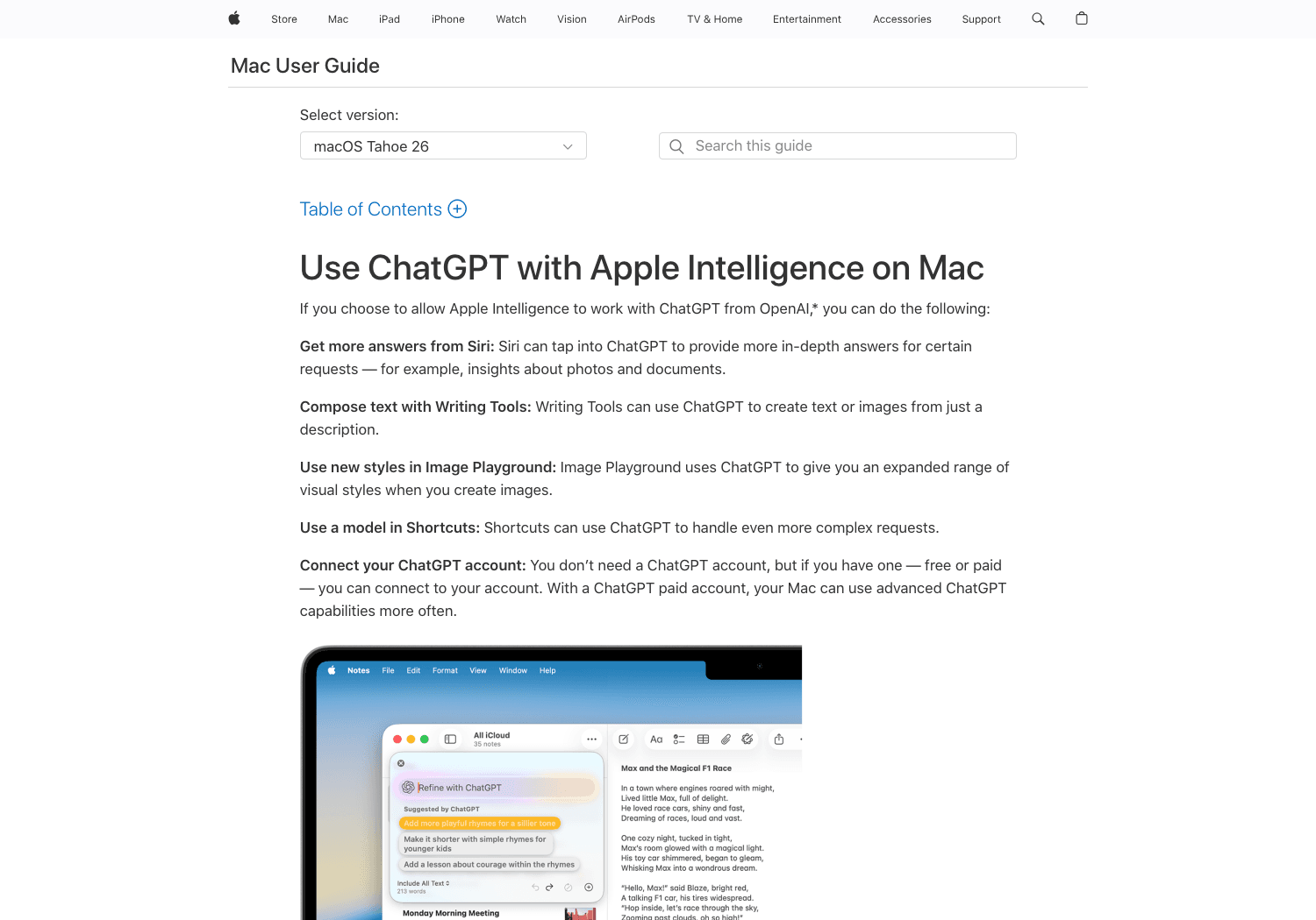 Apple's Mac User Guide documents ChatGPT as the model Apple Intelligence works with, across Siri, Writing Tools, Image Playground and Shortcuts. No third-party equivalent is documented.