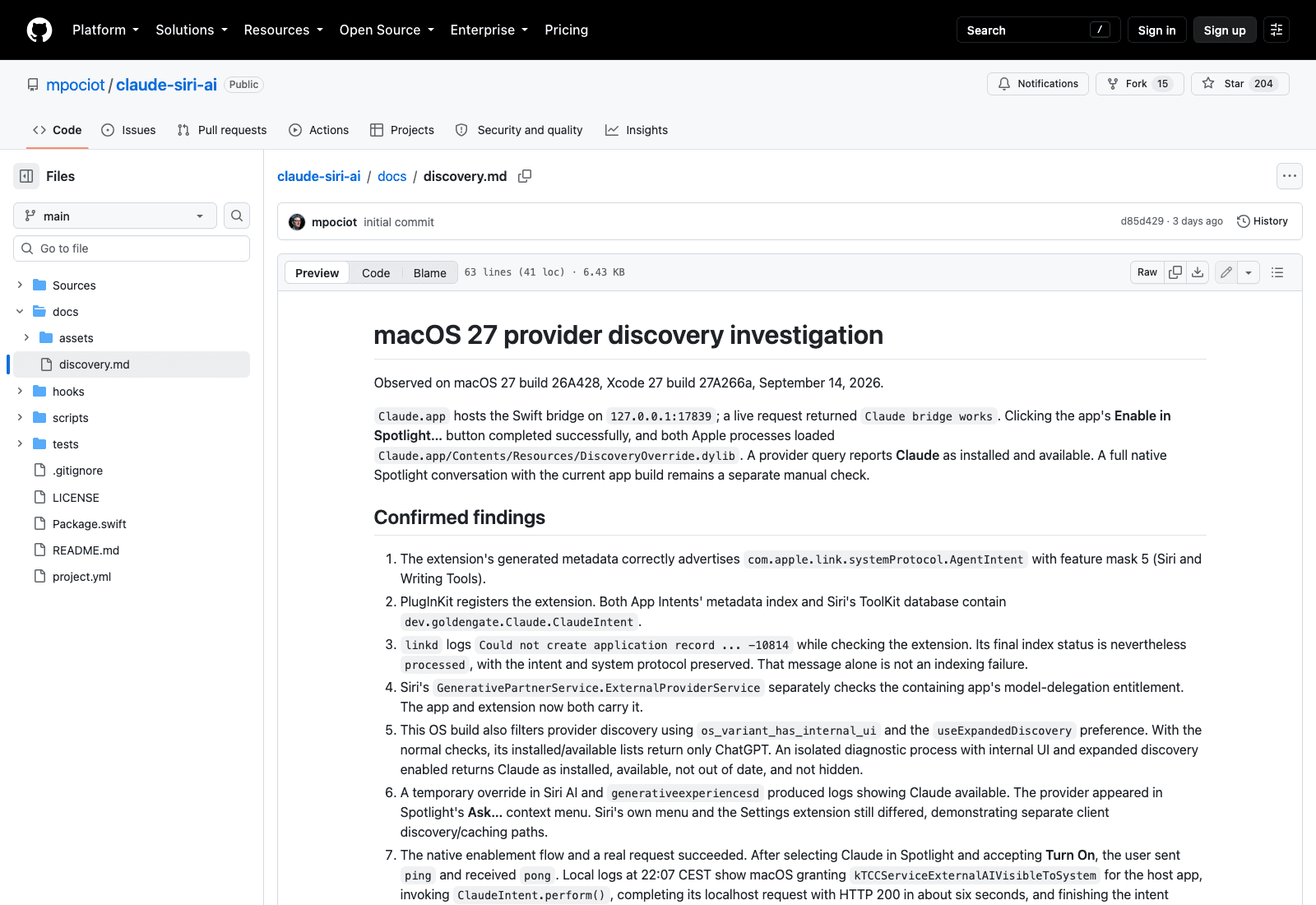 The repository's own discovery notes, documenting how Spotlight, Siri's Ask menu and System Settings can each show a different provider list.