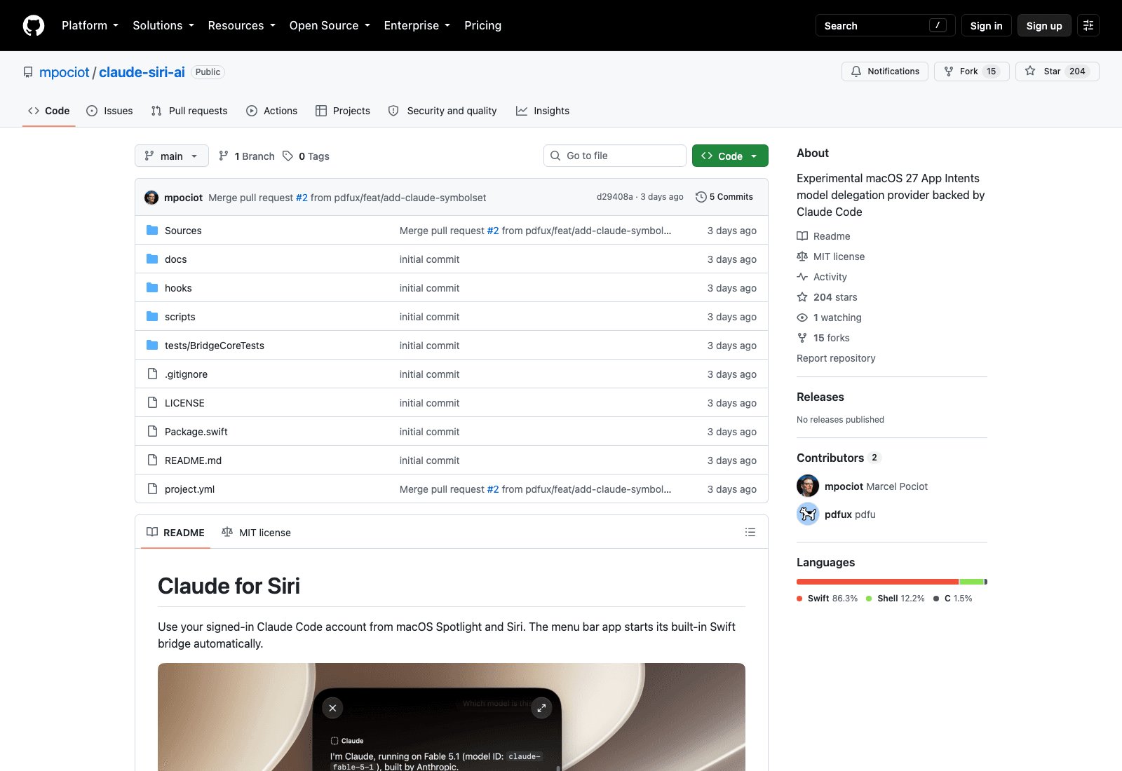 The claude-siri-ai repository on 18 September 2026: 204 stars, five commits, no releases, and 86% Swift. The README screenshot shows Claude answering inside Apple's own response UI.