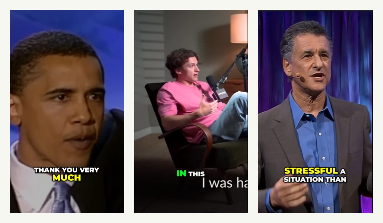 Three vertical shorts the project generated from talk and speech footage, shown at the 9:16 ratio it renders by default