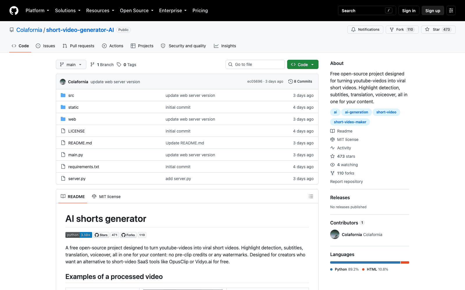 The short-video-generator-AI repository on GitHub, showing the MIT licence, Python 3.10+ and the free, watermark-free positioning