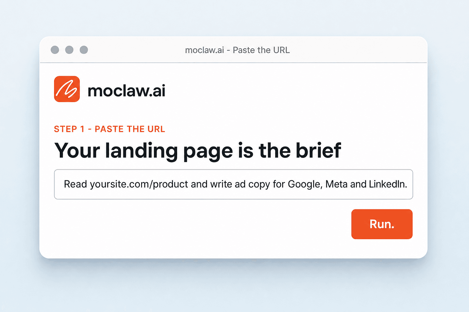Zentor (formerly MoClaw) upload screen with a landing page URL typed into the prompt box, ready to run