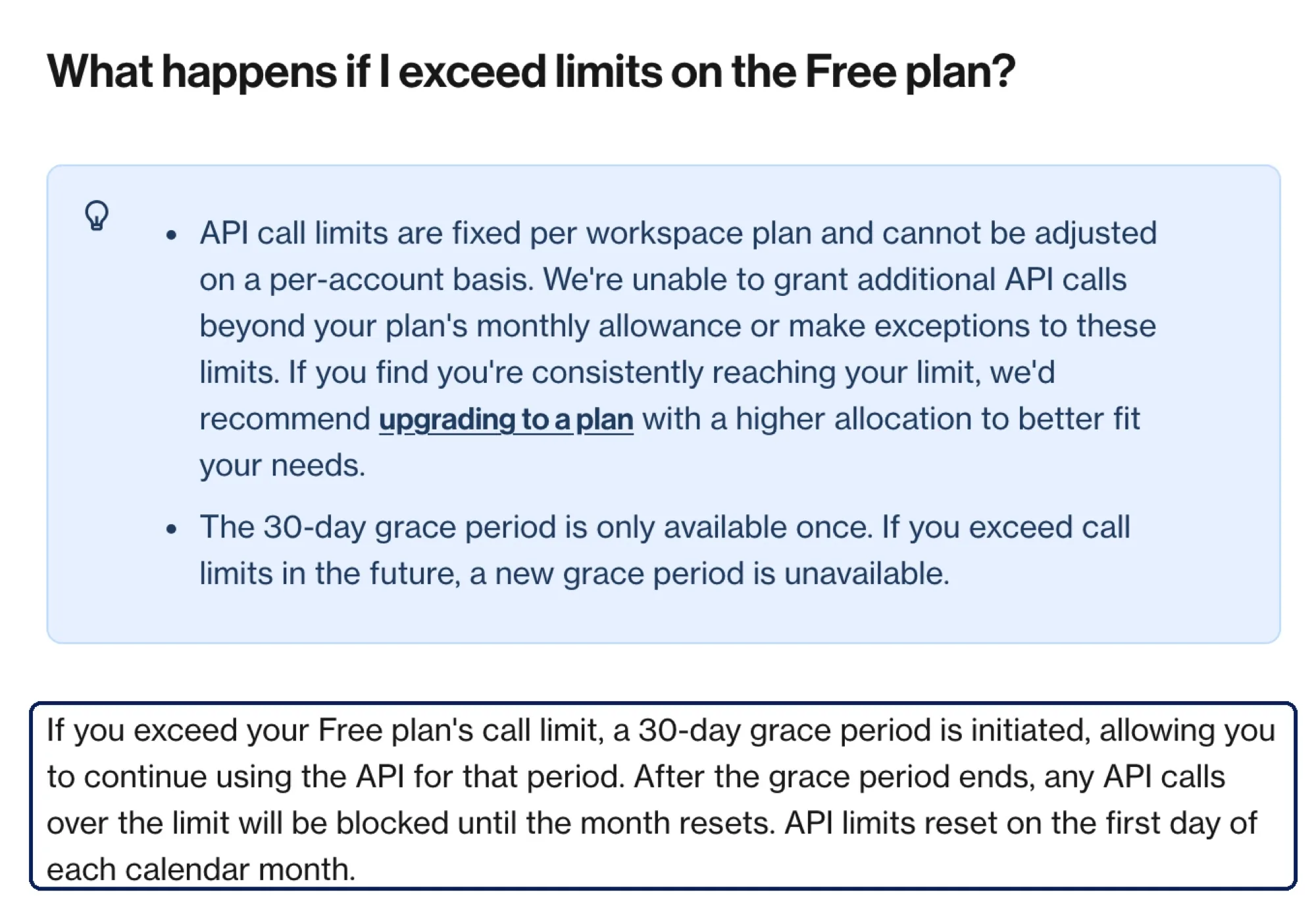 Airtable support: Free plan API calls over the limit get a one-time 30-day grace period, then are blocked until the month resets