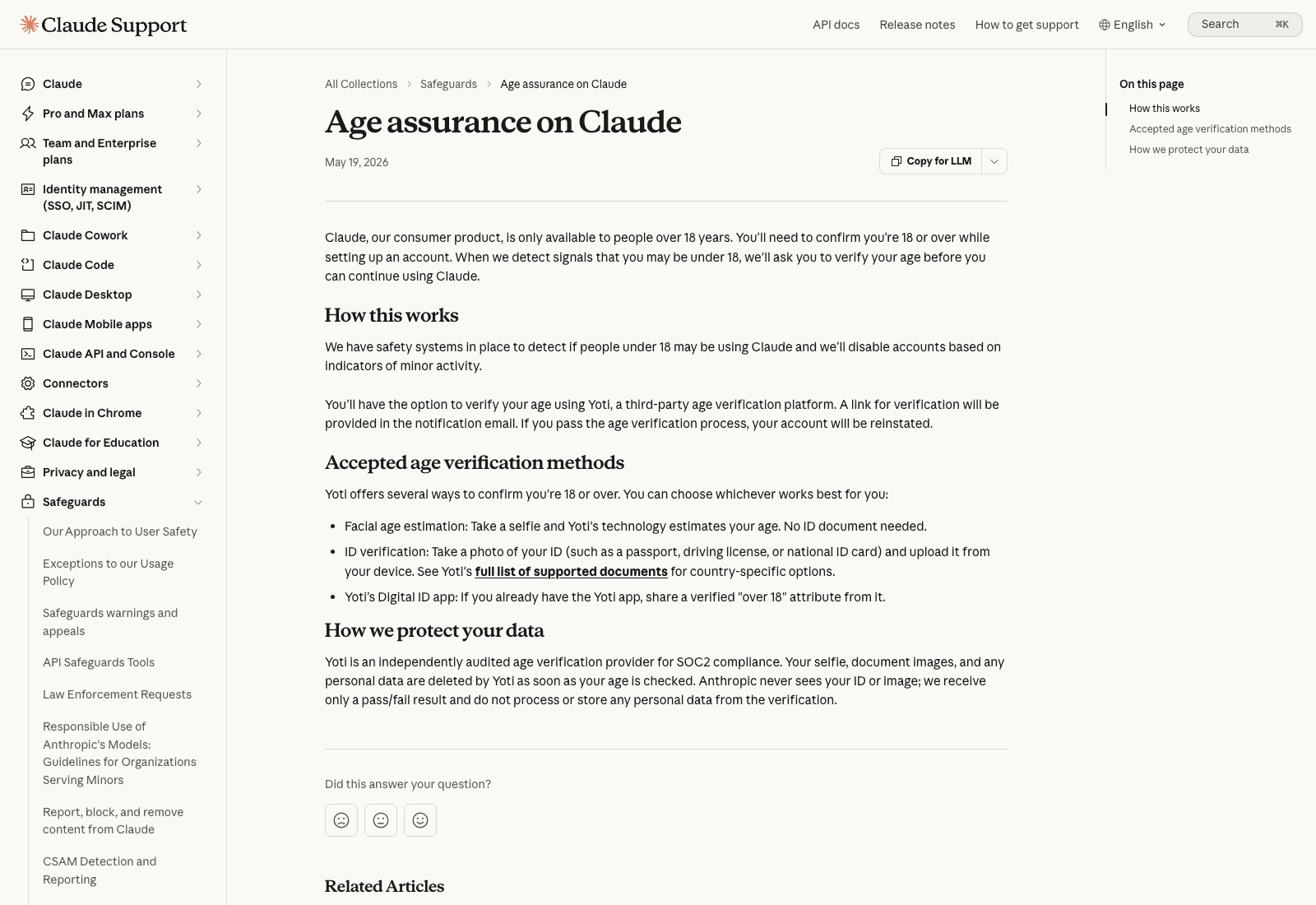 Anthropic's Age assurance on Claude support page, showing the 18-and-over rule, the account-disable language, and the three accepted Yoti verification methods