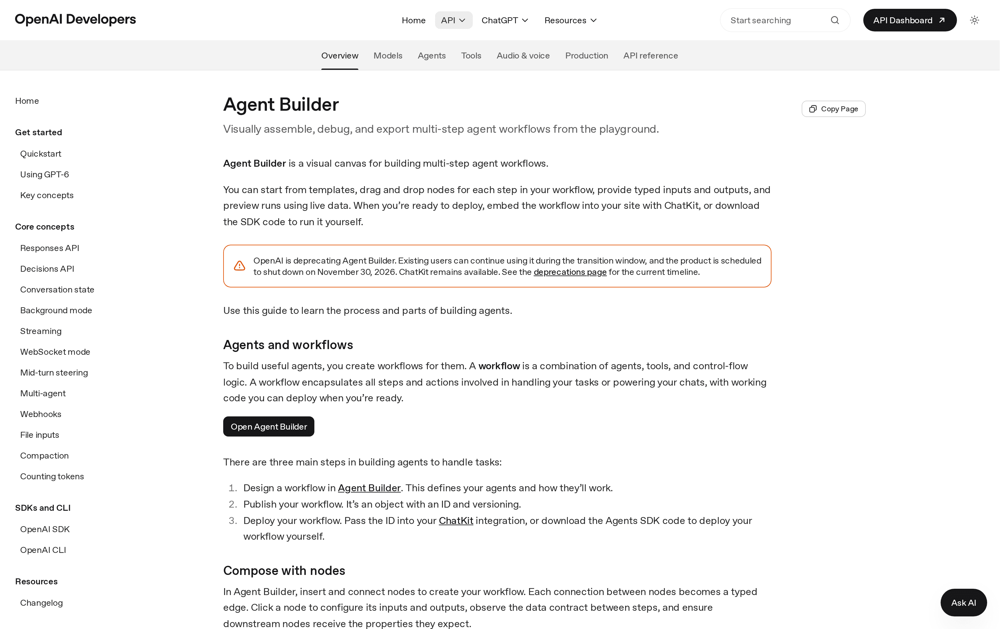 Screenshot of OpenAI's public Agent Builder documentation showing its November 30, 2026 shutdown notice; this is a separate example of a builder retirement, not Tencent's notice.