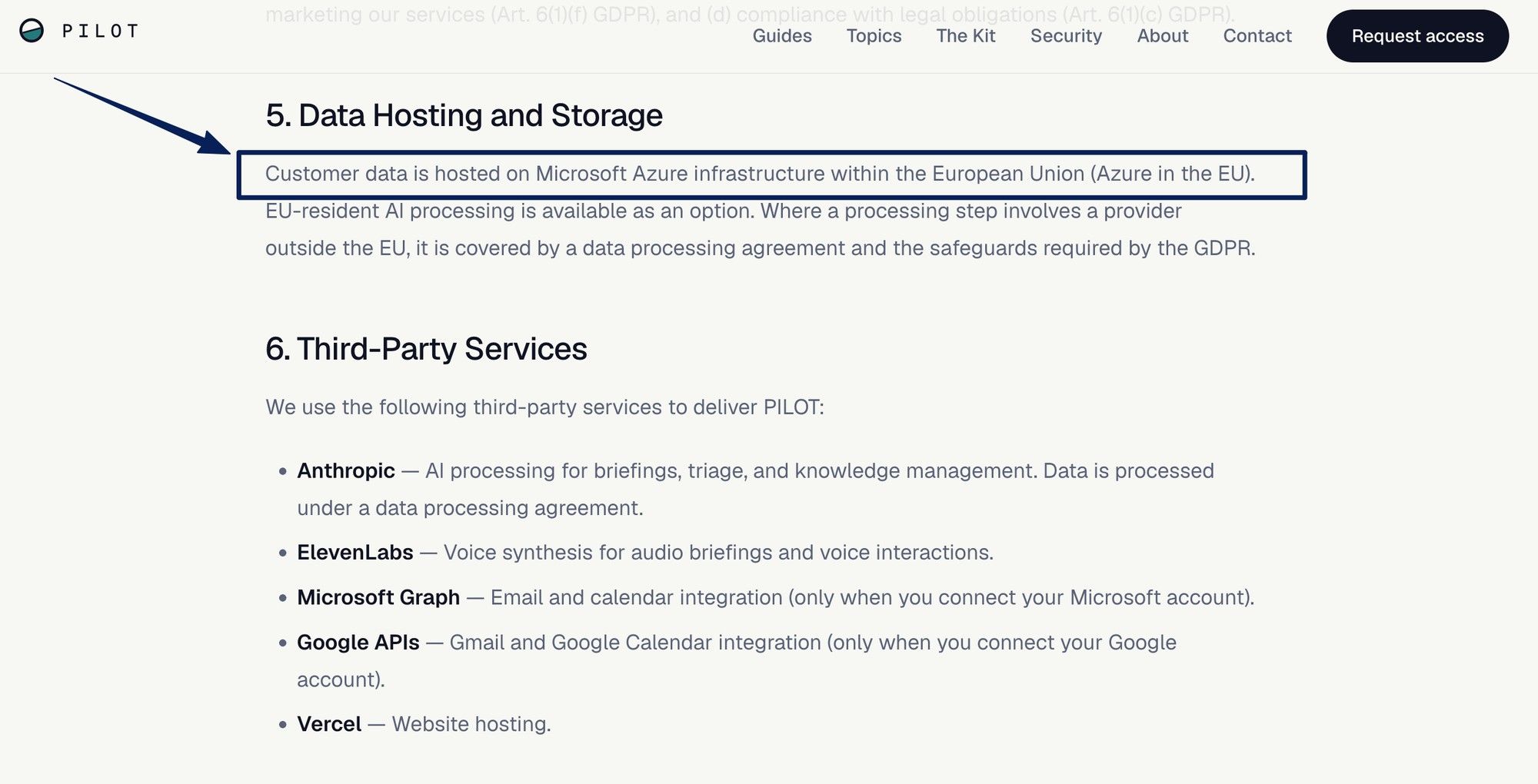 PILOT privacy policy section on data hosting and EU-resident AI processing