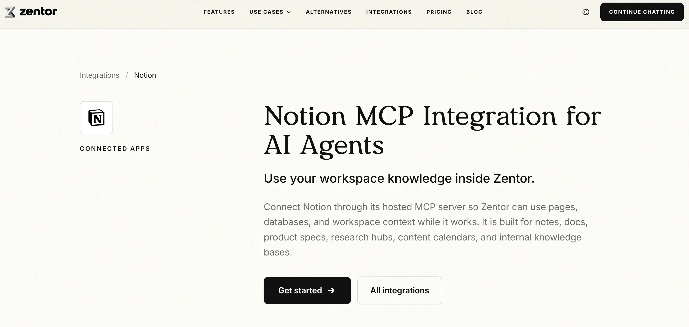 Vendor screenshot of the Zentor Notion integration page; page wording may change.