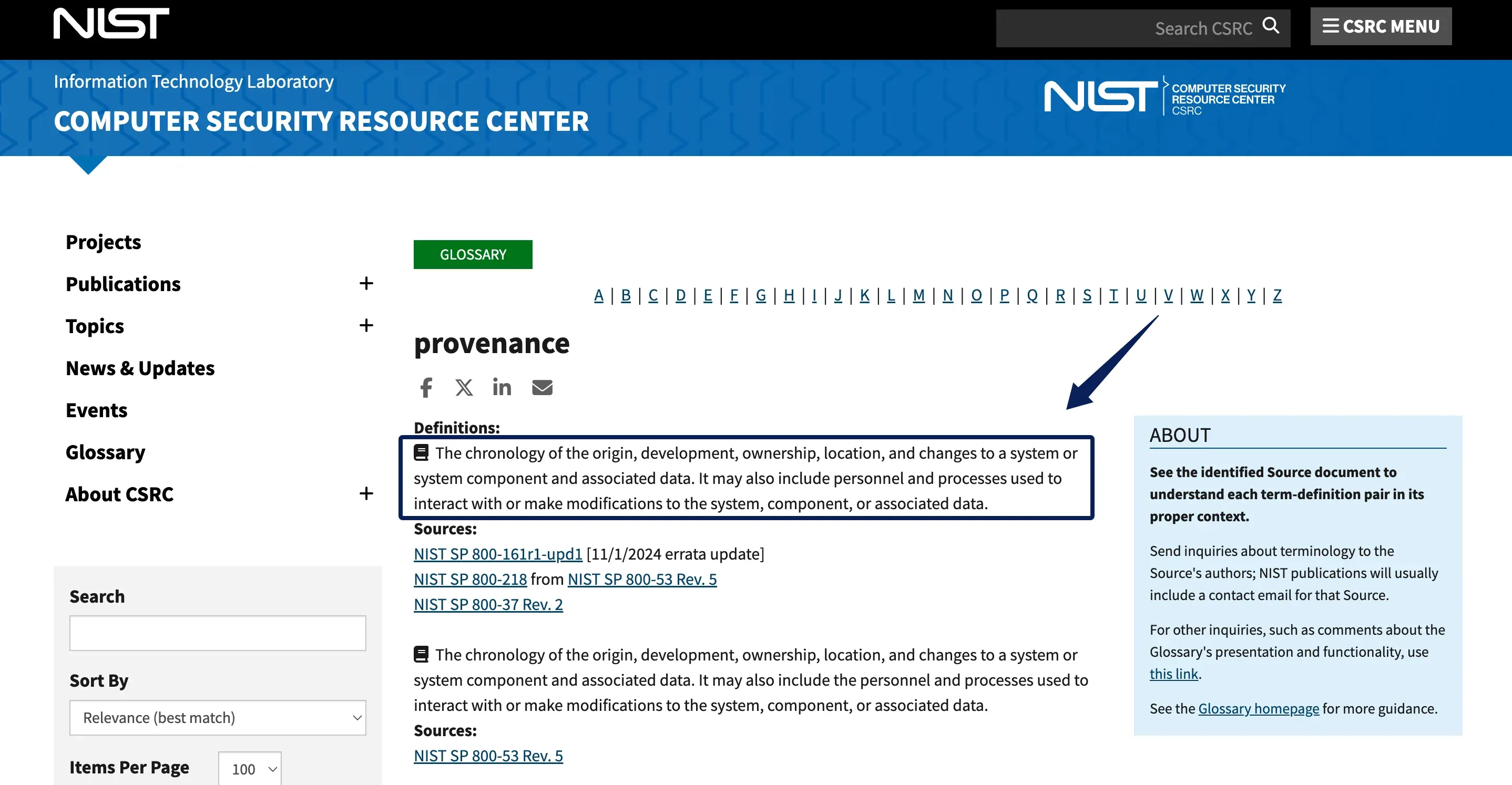 NIST provenance glossary screenshot with the origin and change-history definition marked.