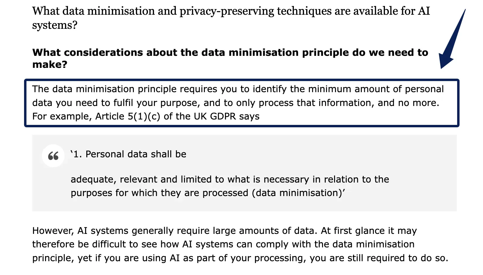 ICO screenshot describing the data-minimisation principle; it does not certify a particular workflow.