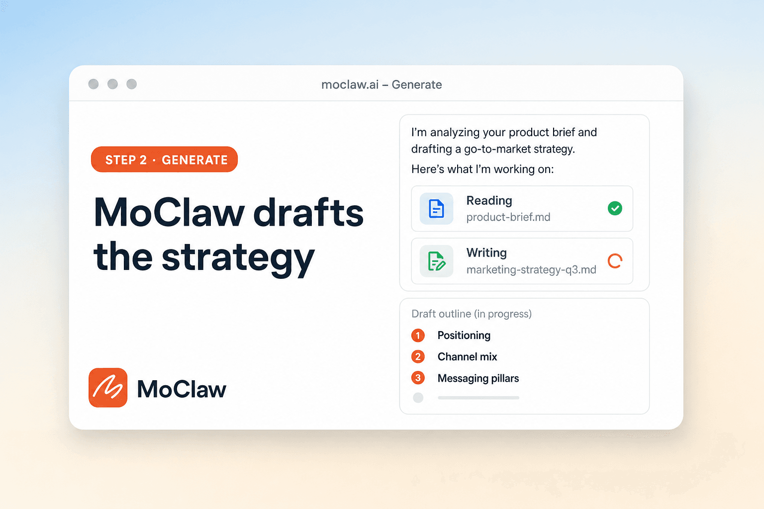 Step 2: Zentor (formerly MoClaw) drafting a structured marketing strategy document