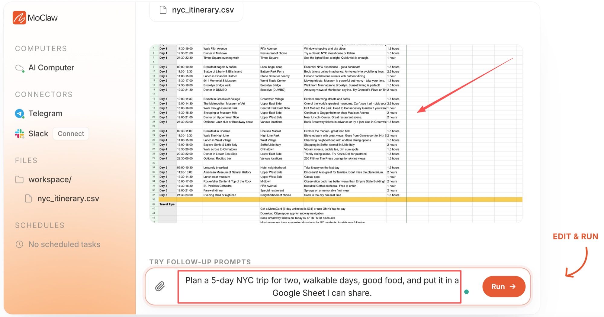 Zentor (formerly MoClaw) building a multi-day NYC itinerary spreadsheet from a single trip-planning prompt
