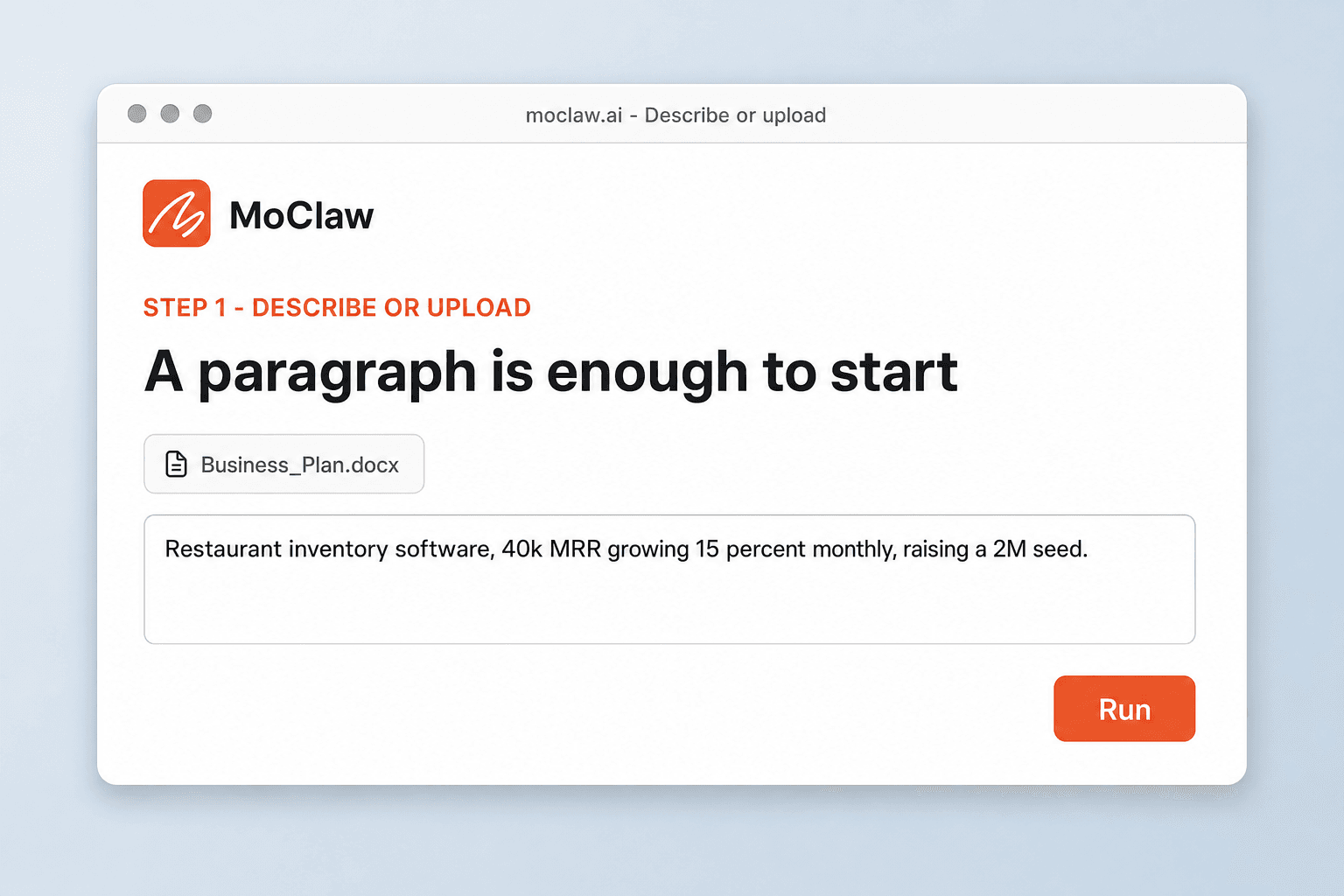 Zentor (formerly MoClaw) screen with a business plan file attached and a one-paragraph company description typed in