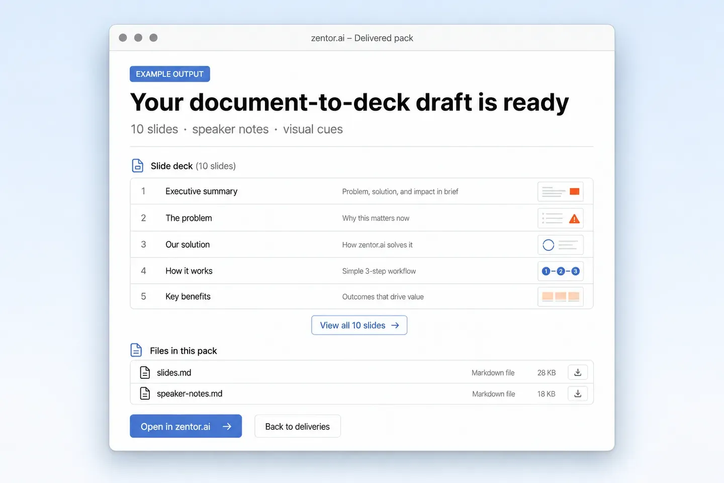 Delivered document-to-deck pack with slides.md and speaker notes