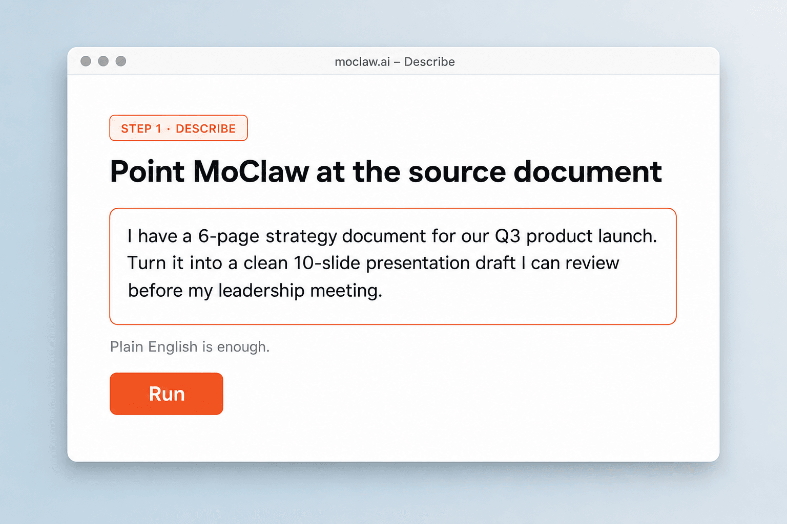 Step 1: point Zentor (formerly MoClaw) at a source document in plain English