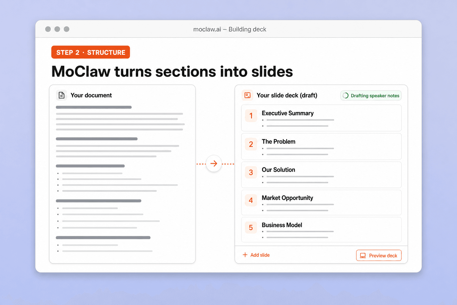 Step 2: Zentor (formerly MoClaw) turning document sections into a slide outline