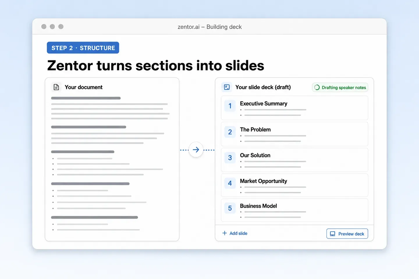 Step 2: Zentor turning document sections into a slide outline