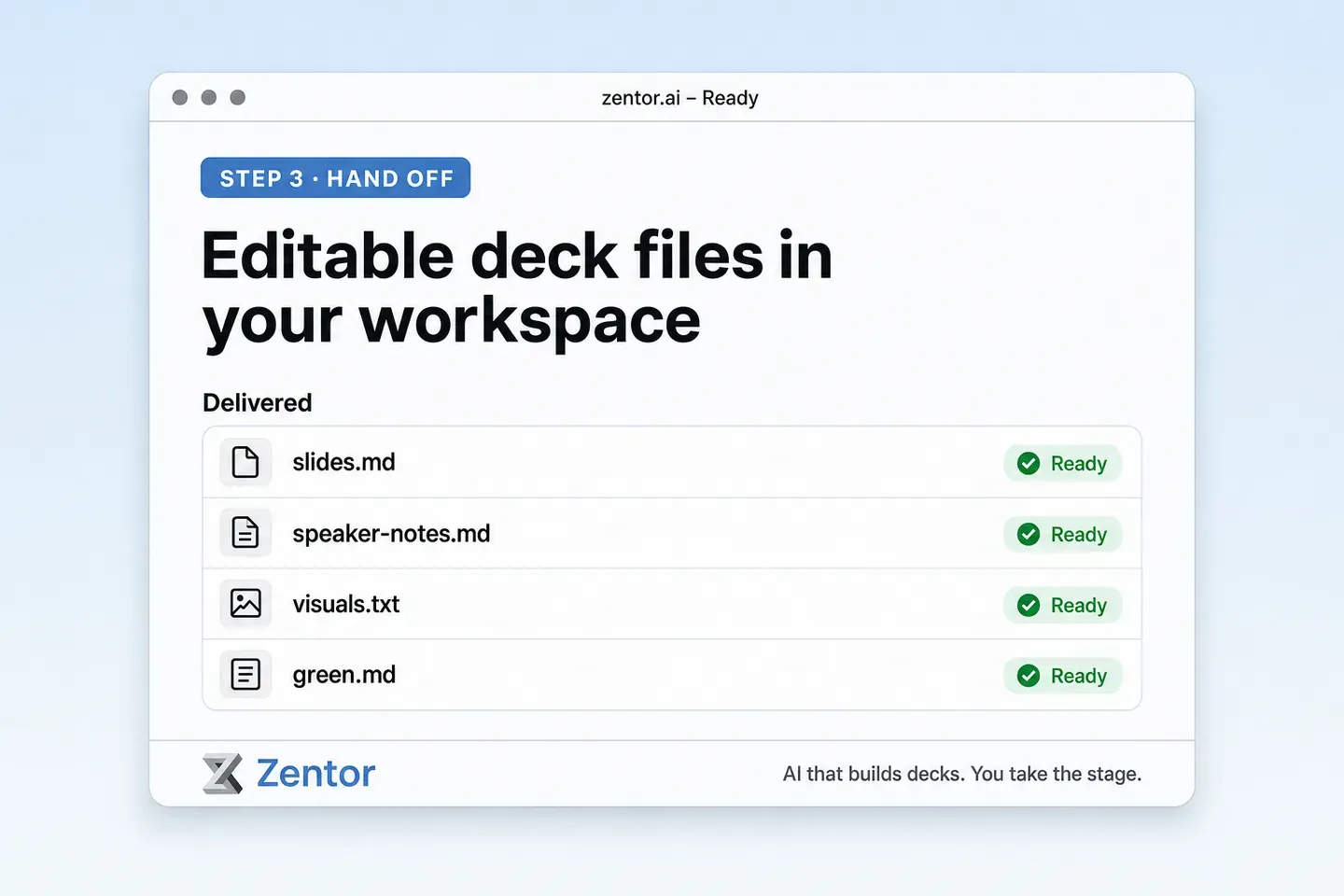 Step 3: delivered slides.md and speaker notes in the workspace