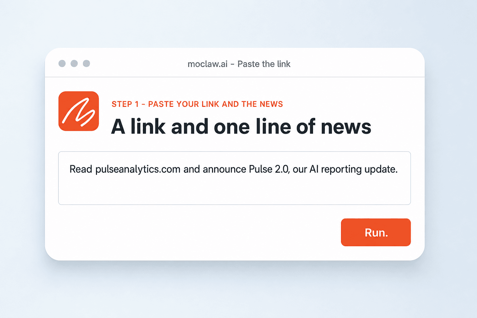 Zentor (formerly MoClaw) screen with a company website link and one line of news typed into the prompt box