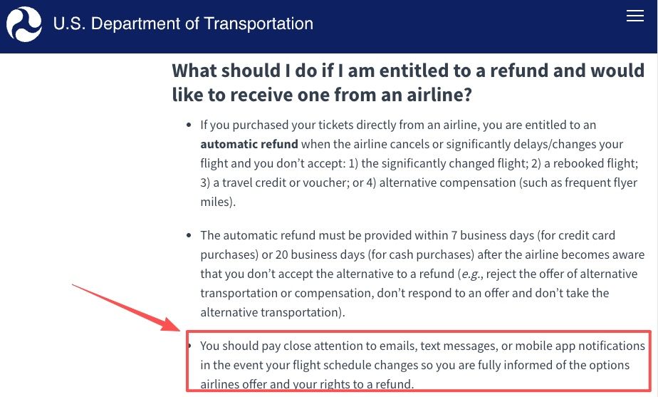 US DOT refund rules telling travelers to watch emails for flight schedule changes