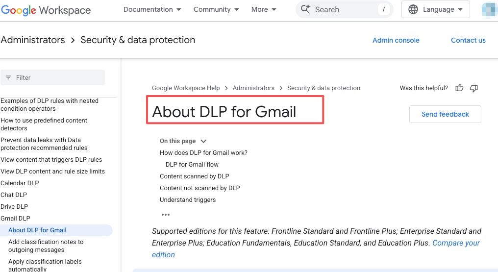 Google Workspace DLP for Gmail controls for scanning sensitive email content