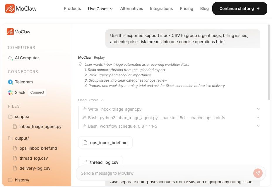 Zentor (formerly MoClaw) AI computer running an inbox automation workflow with files, scripts and logs