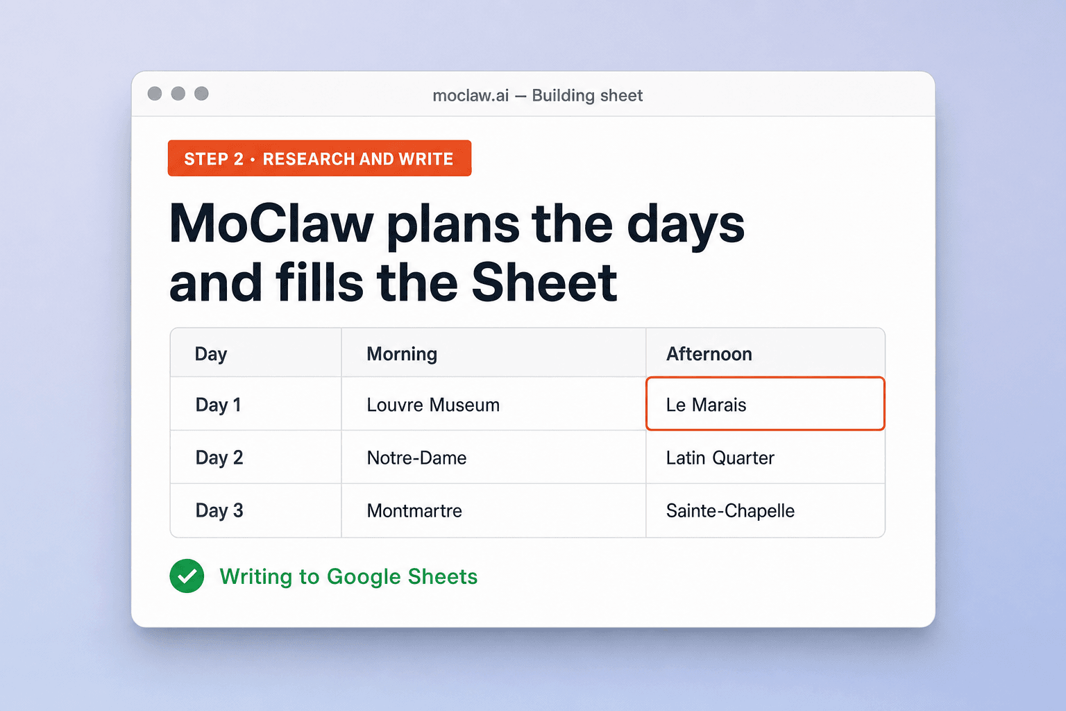 Step 2: Zentor (formerly MoClaw) filling a day-by-day travel itinerary Google Sheet